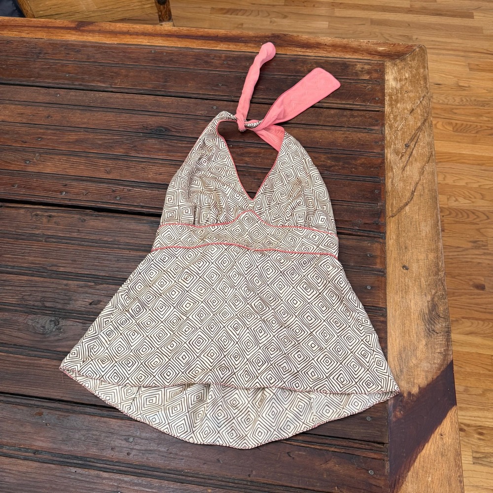 The Limited Silk Halter Top Geometric Maze Print Coral Trim Smocked Back Medium